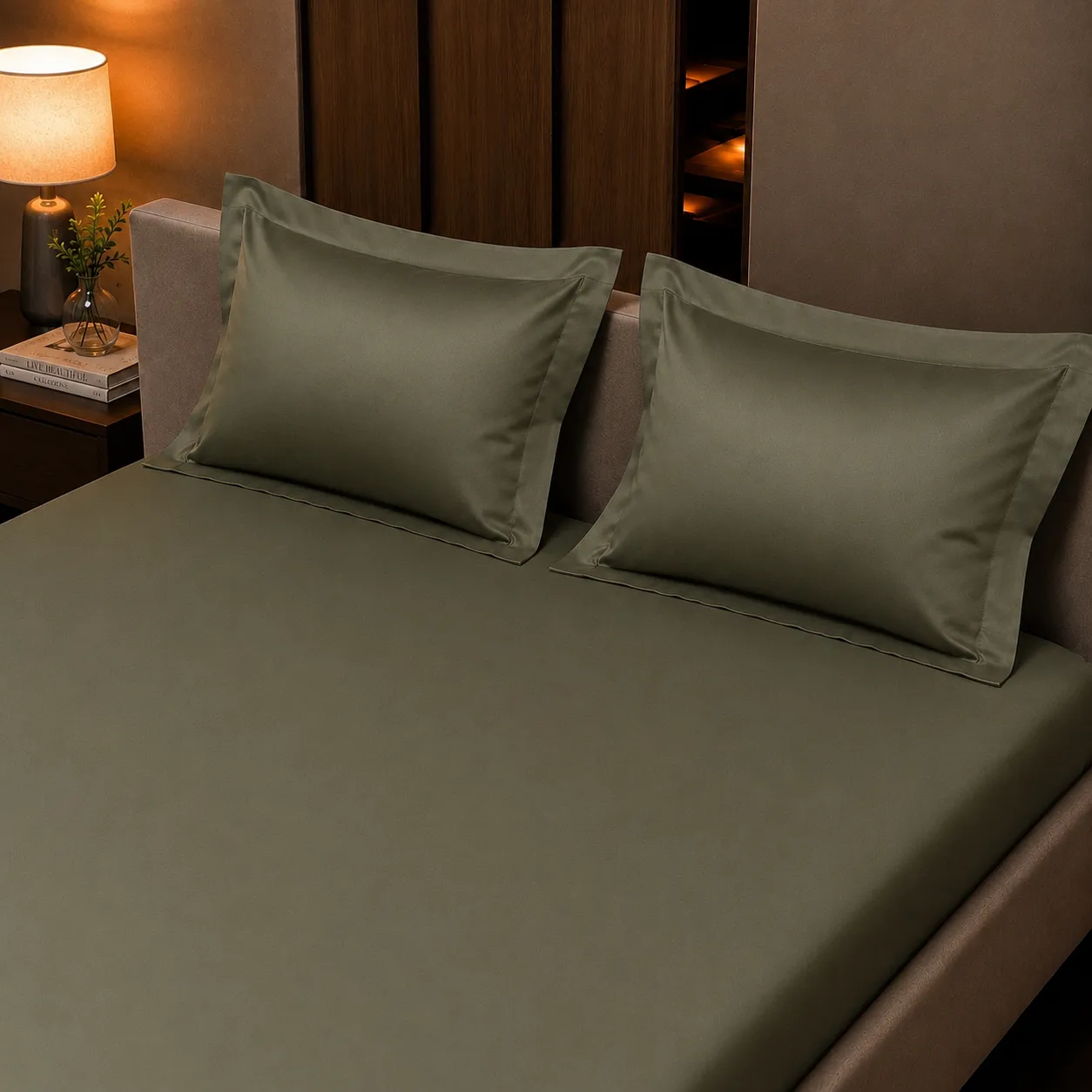 Olive green Cotton Elastic Fitted Bedsheet 2