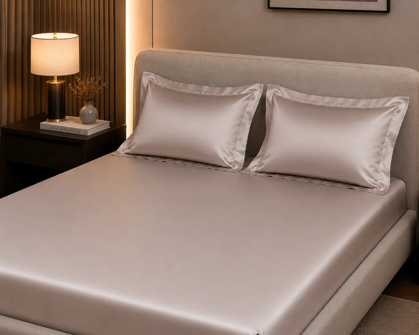 Taupe Satin Elastic Fitted Bedsheet (450TC) 3
