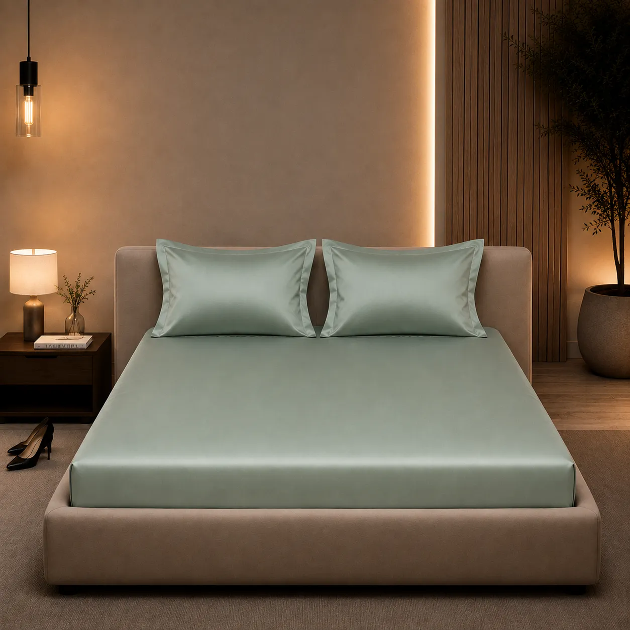 Sage green Satin Elastic Fitted Bedsheet( King size Bedsheet) 4