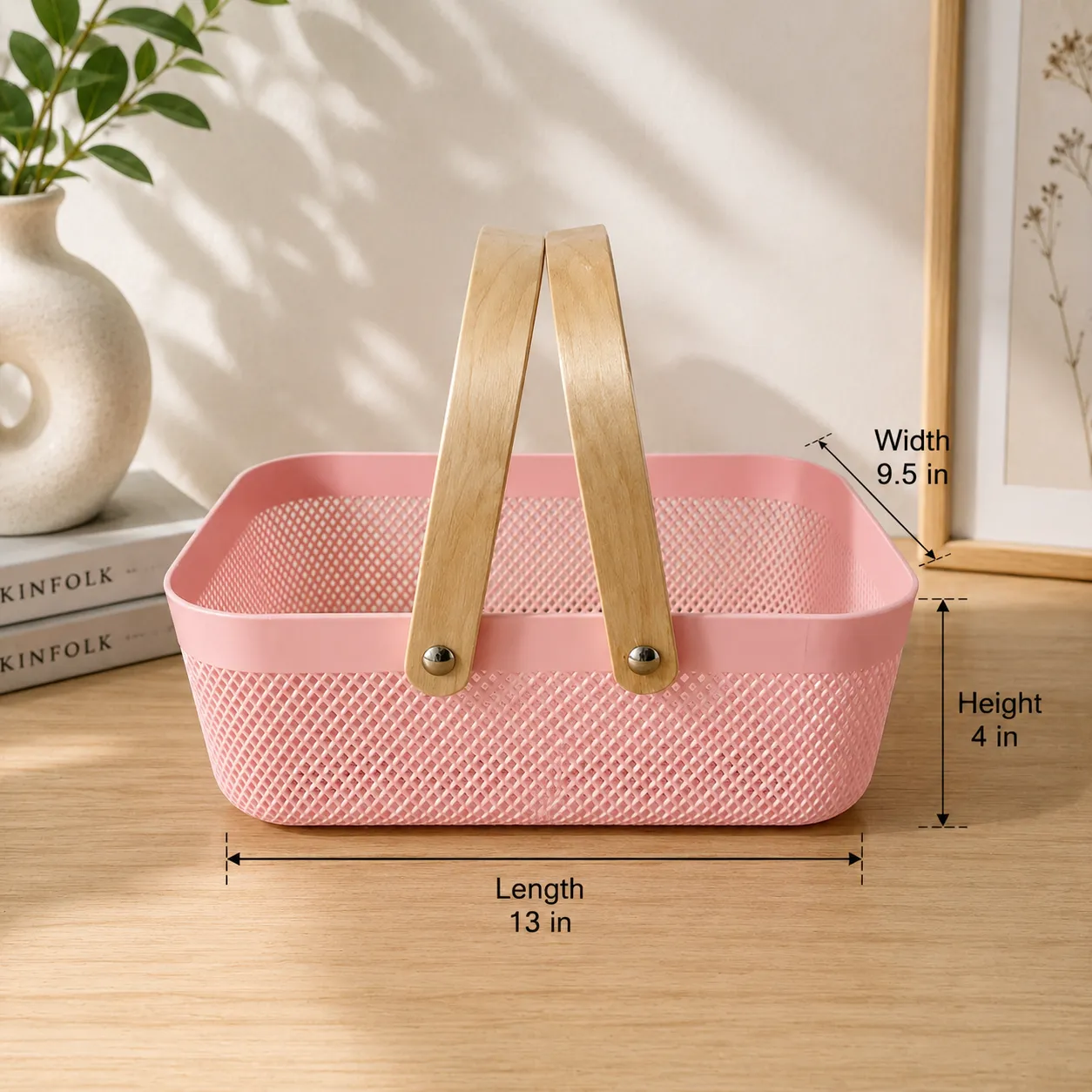 Rectangle Plastic Mesh Wooden Handle Basket 2