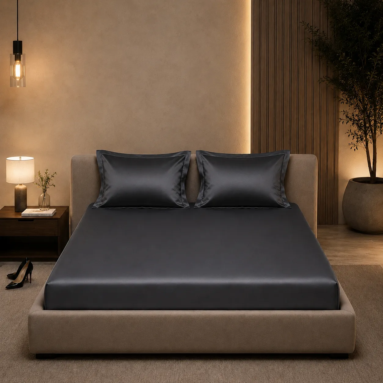 Charcoal Satin Elastic FittedKing size Bedsheet ( 400Tc) 2