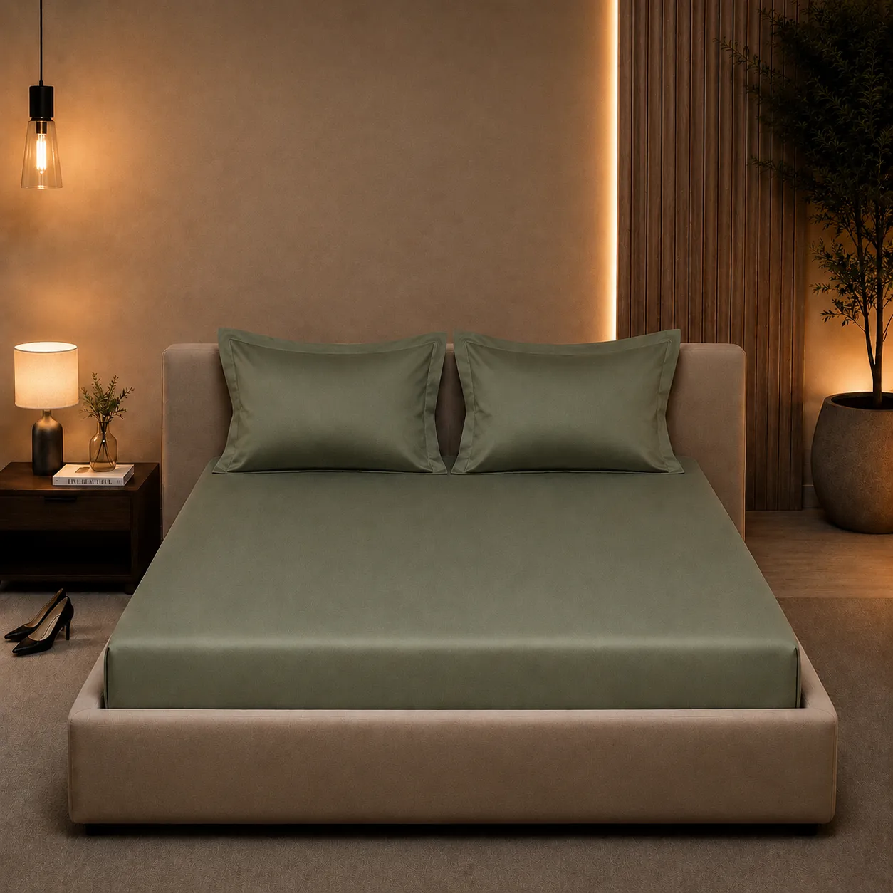 Olive green Cotton Elastic Fitted Bedsheet 4